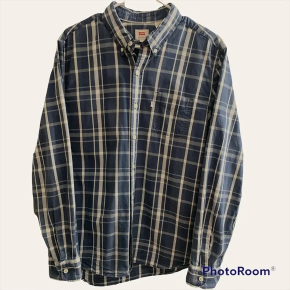 Levis Plaid Long sleeves Buttoned Polo shirt Blue and White size Large